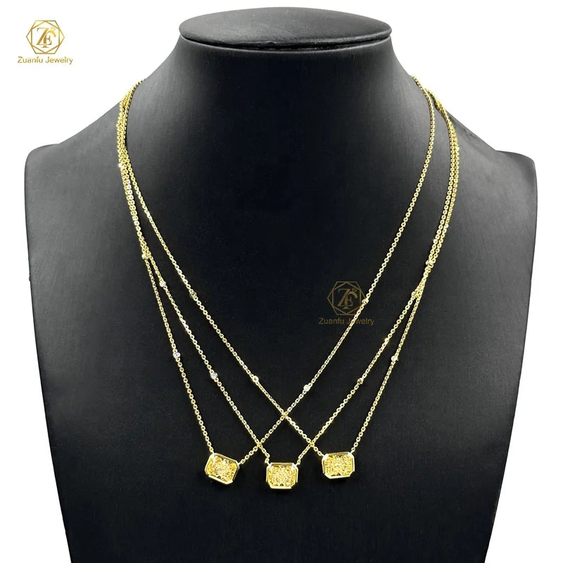 925 Sterling Silver Jewelry Pink & Yellow Diamond High Carbon Rectangle Pendant Iced Crushed Pendant Necklace Diamond for Lady