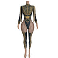 Sexy Gold Rhinestone Stage Performance Rompers Festival Clothing Drag Queen Show Dancer Bodysuit Women Party Bodycon Jumpsuits
