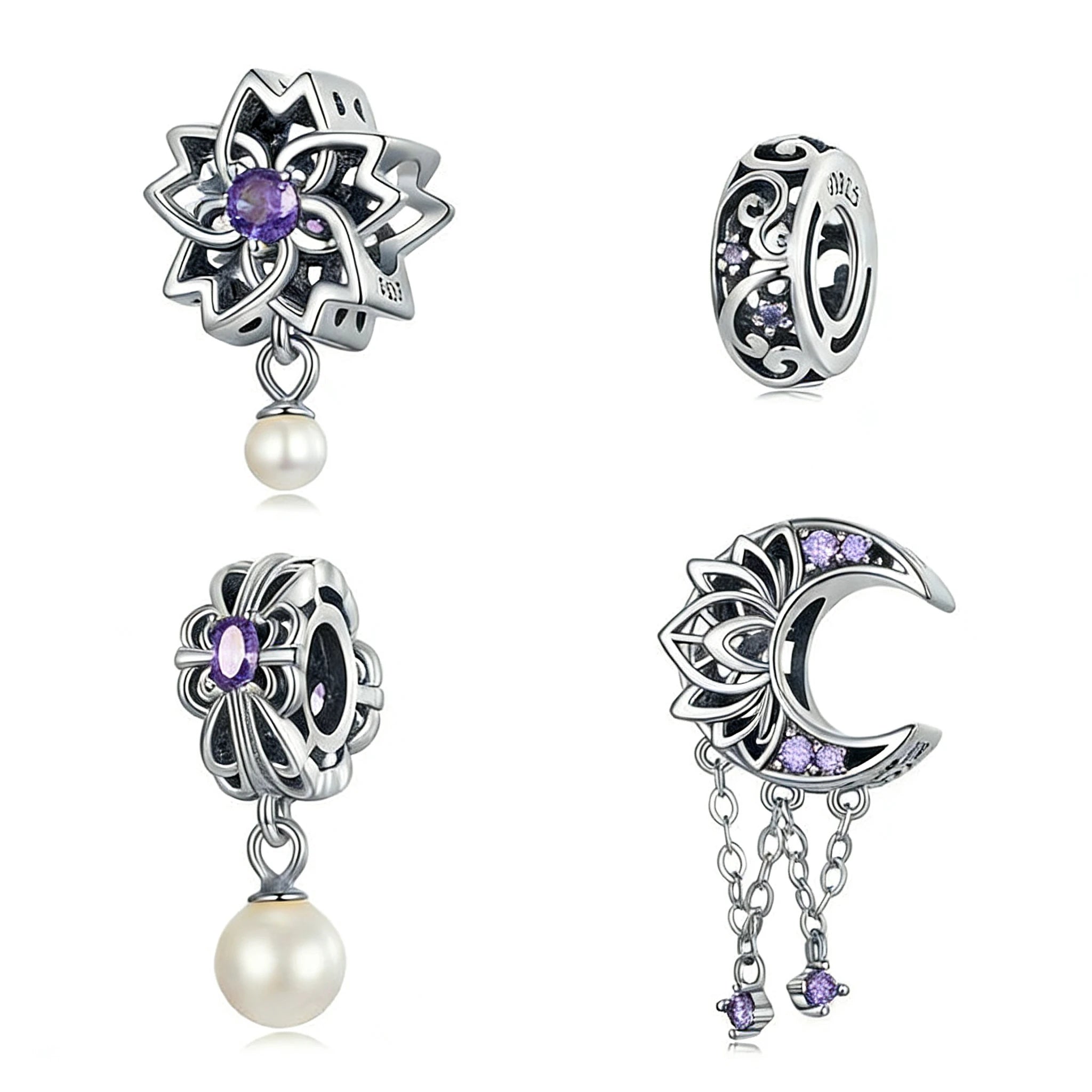 Retro European 925 Sterling Silver Glossy Pearl Beads Luster Tassel Beads Zircon Charms for Bracelets Jewelry Making