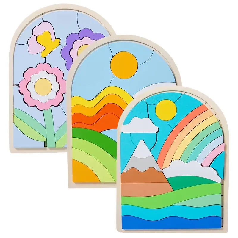 Wooden Toys for Children Cartoon Stereoscopic Puzzles Rainbow Toys Building Blocks Matching Puzzle 3d Puzzles Toys for Kids
