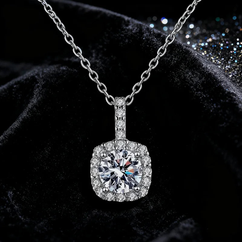 Fashion Full Diamond square Vvs D Color 1CT  Moissanite Diamond Pendant S925 Sterling Silver Necklace for Women