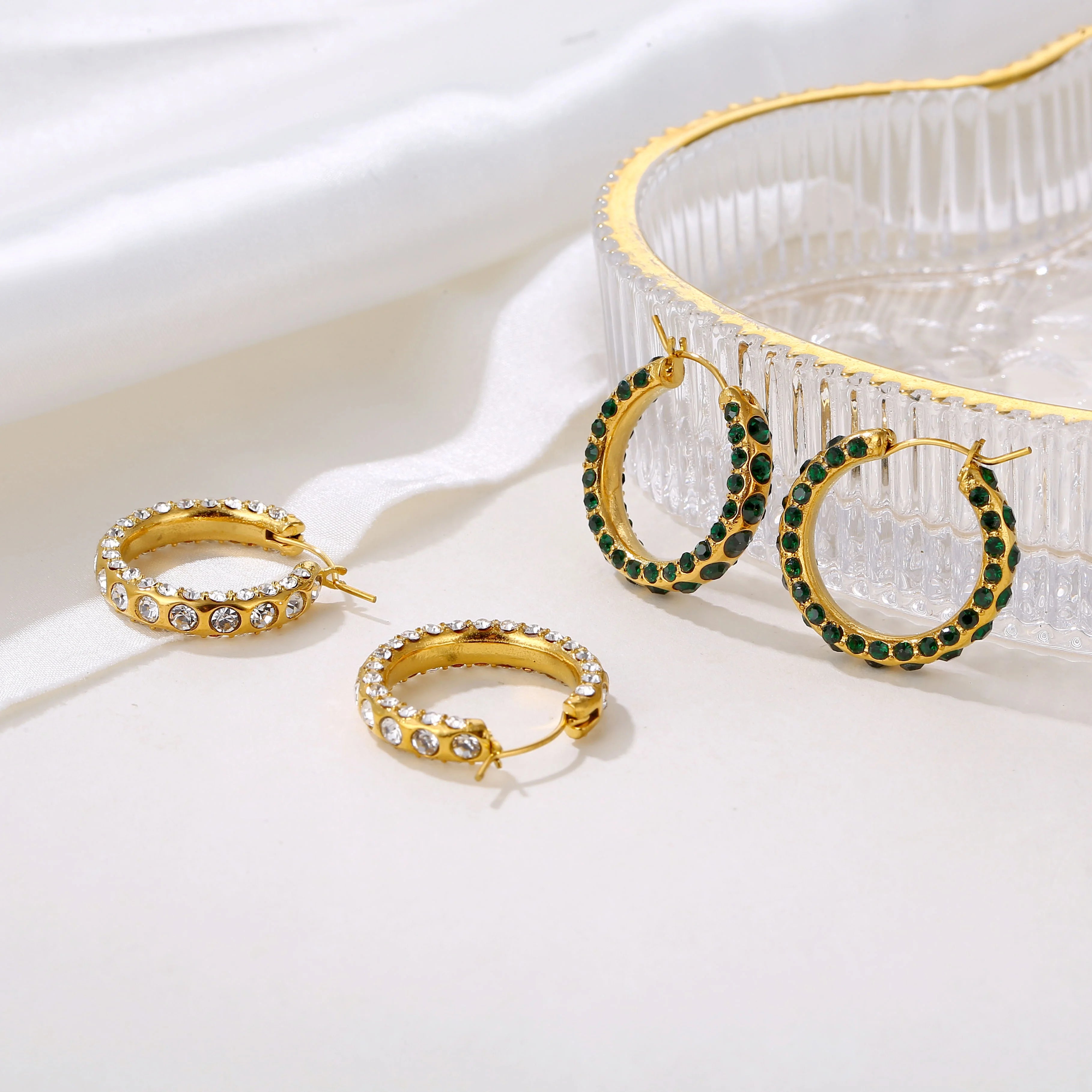 HOT TOP SELL Stainless Steel Geometric Mulit Micro Inlay Green Zircon CZ 18k Gold Hoop Earring Trendy