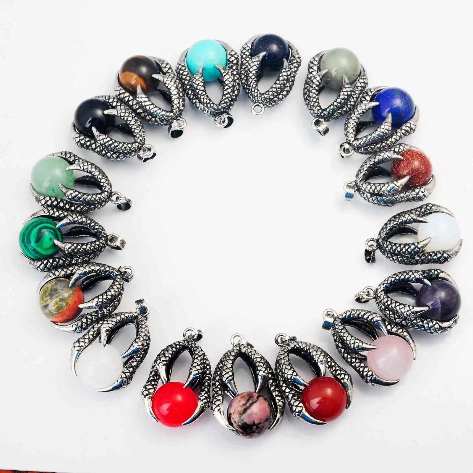Silver Dragon Claw 16MM Crystal Balls Pendant Necklace for Men Women Gemstone Sphere Wrapped Quartz Beads Chakra Yoga Jewelry