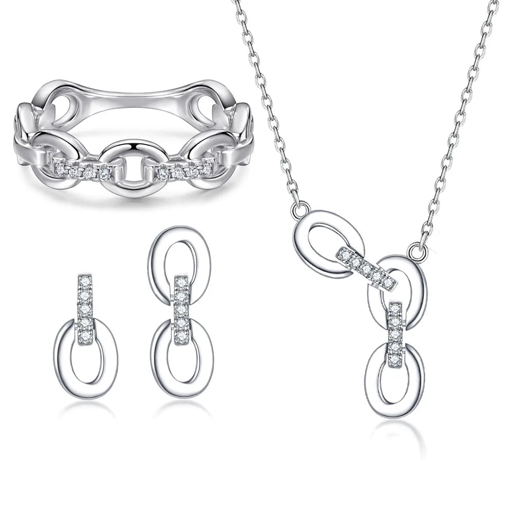 Trendy Silver Jewelry Hoop Design White Gold Plated Accessory Rings Necklaces Studs 925 Sterling Silver Jewelry Sets Women