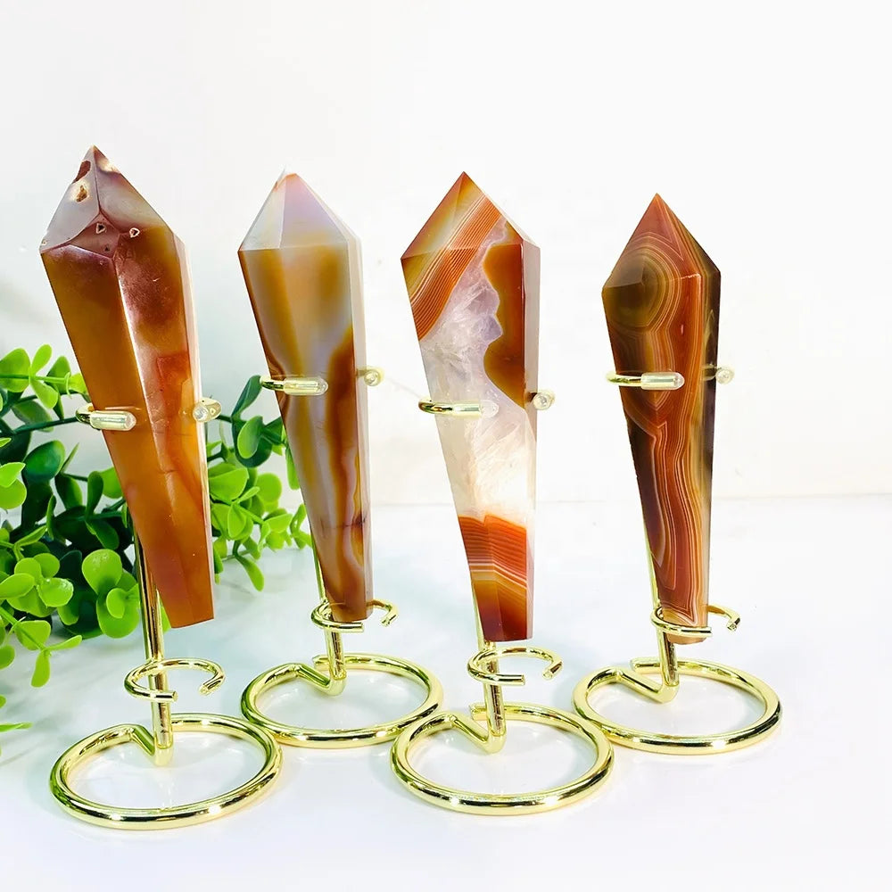 New Arrival Natural Red Agate Crystal Point Wand Spiritual Healing Stone Carnalian Towers with Holder for Decoration