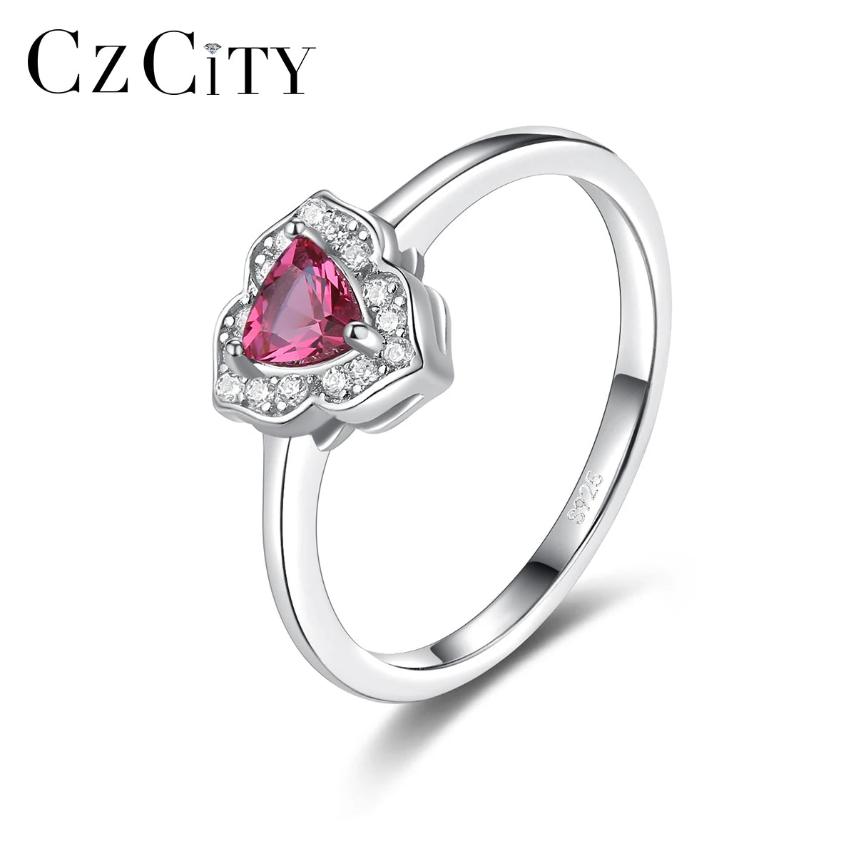 CZCITY New Design Diamond Gemstone Sterling Silver Ring 925 Silver Jewelry Red Ruby Rings