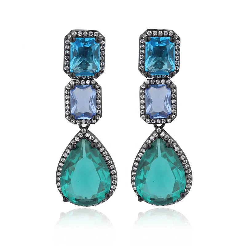 Elegant Women's New Design Stud Earrings Big Stone Pear Cut CZ Dangle with Colorful Brass for Wedding Engagement or Party