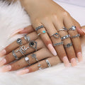 18pcs/Set Bohemia Crystal Vintage Diamond Engraved Heart Cutout Ring Black And White Gem Starfish Ring Punk Snake Ring for Women