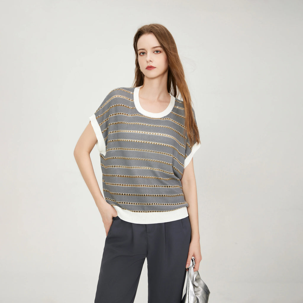 2025 New Women's Knit Top Casual Pullover Hollow Mesh Knitwear with Cap Sleeve Short Sleeve Ribbed Cuffs Vest Ribbed Hem