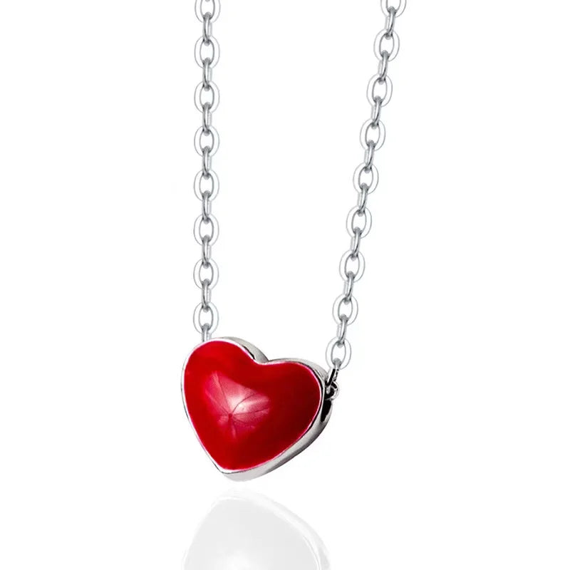 Korean Choker Sterling Silver 925 Jewelry Necklace Pure Silver Red love Heart Pendant Necklace Girls Pure Silver Chain Necklace