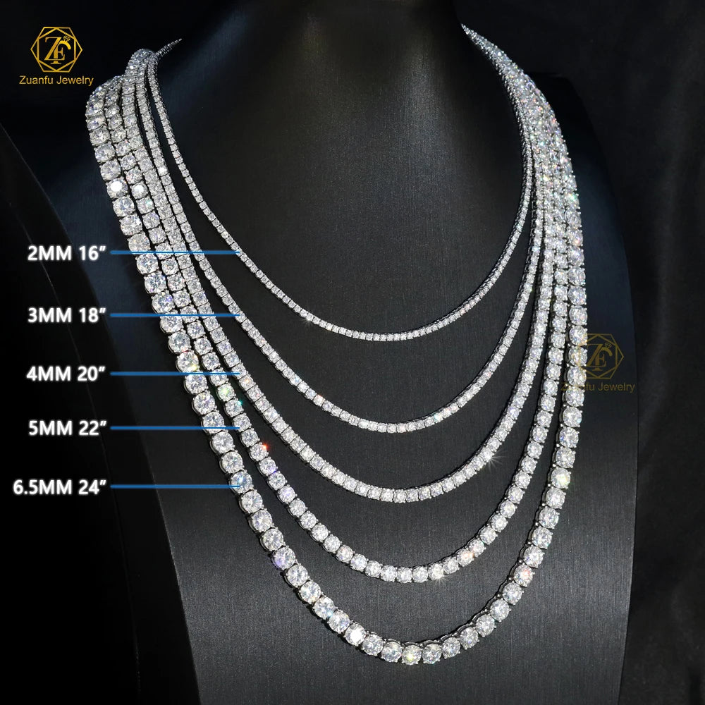 Hip Hop 925 Sterling Silver 3mm-4mm Moissanite Chokers Tennis Necklace D Color Gold Plated White VVS Link Chain