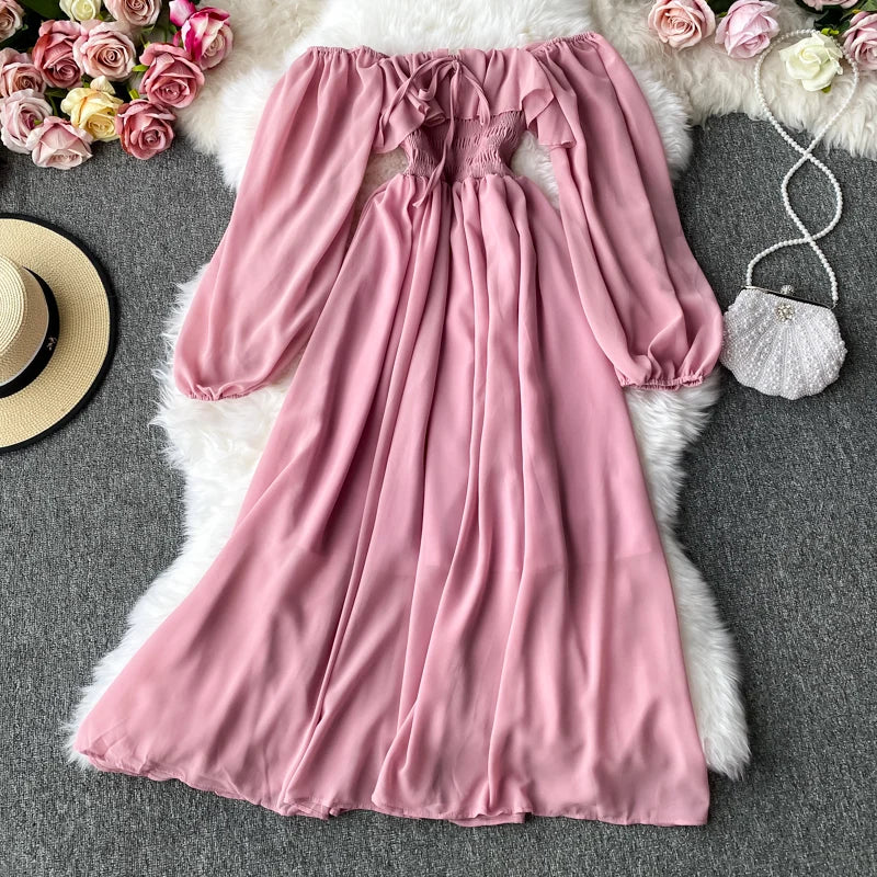 Autumn Women Slash Neck Long Sleeve Midi Dress Female Yellow/Red/Pink High Waist Ruffle Big Swing Chiffon Dresses Fashion