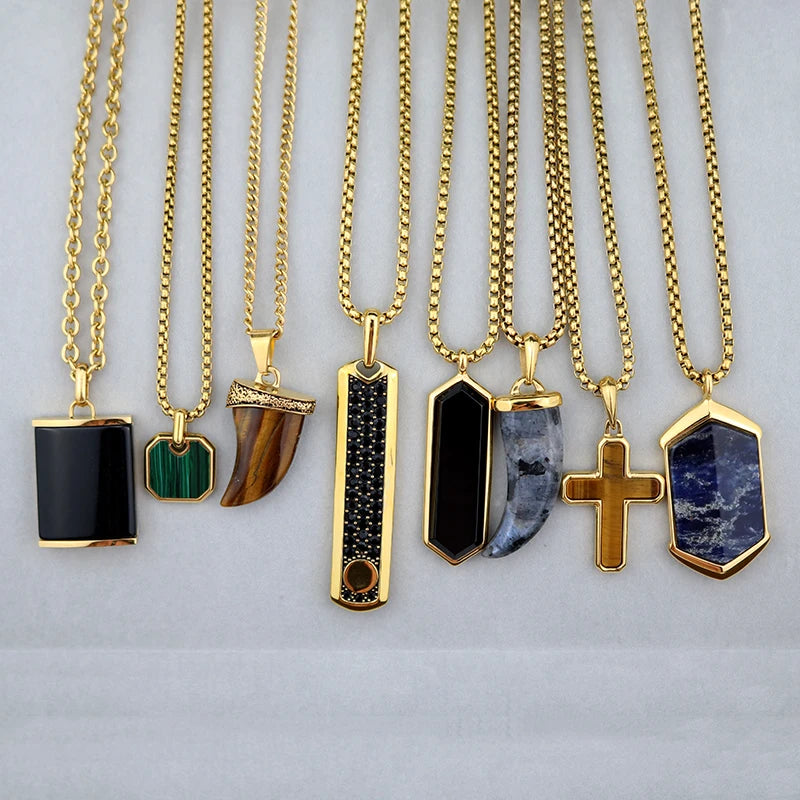 Luxury Jewelry Fashion Hot Sale Stainless Steel 18K Gold Plated Natural Stone Geometric Gem Pendant Necklace for Men