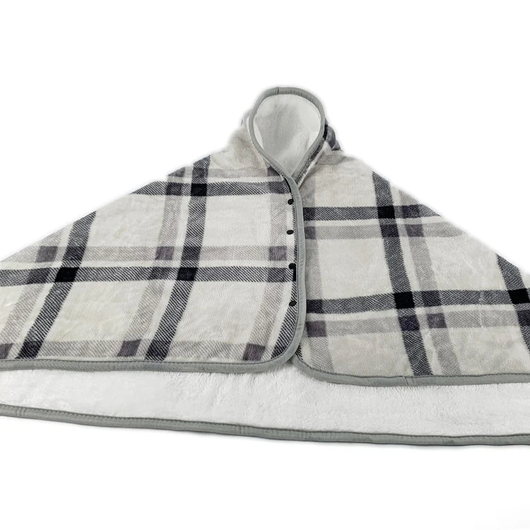 Flannel Fleece Plaid Striped Shawl 100% Polyester Cozy Plush Warm Eco-Friendly Portable Wearable Throw Hooded Blanket Poncho