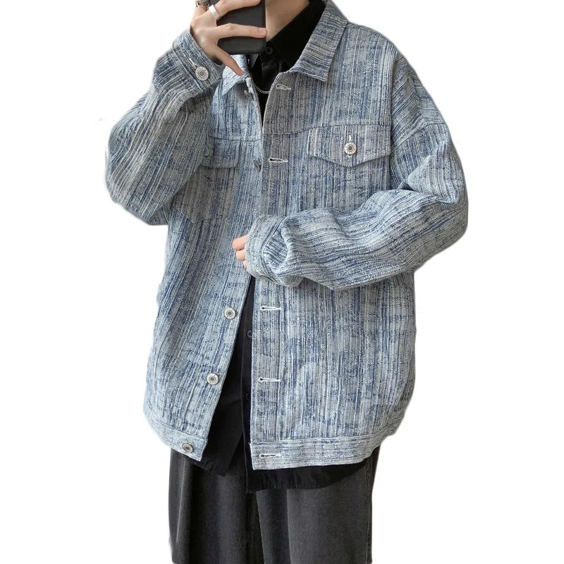 Autumn Style Men's Loose Denim Jacket Large Size Casual Hooded Collar Breathable Woven Fabric Light Pocket Stand Spring