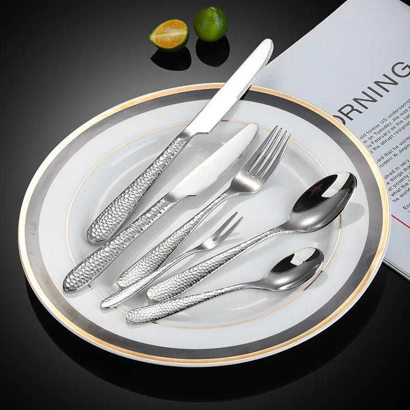 Hot Sale Hammer Pattern 304 Stainless Steel Flatware Set Fork Spoon Knife Mirror Silverware Restaurant Cutlery Set