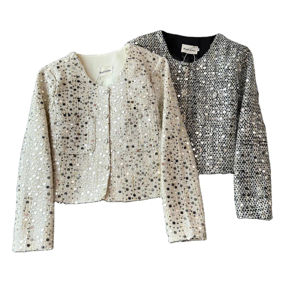 Professional Custom Factory Direct Elegant Heavy Duty Polyester Sequin Tweed Jacket High End Dye Processed Single Breasted