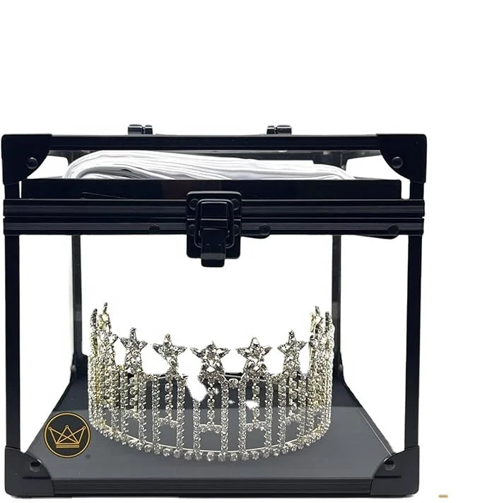 Pageant Crown Box Tiara Display Case Sash and Crown Holder Carrying Travel Case with Handle Clear Storage Box for Pageants