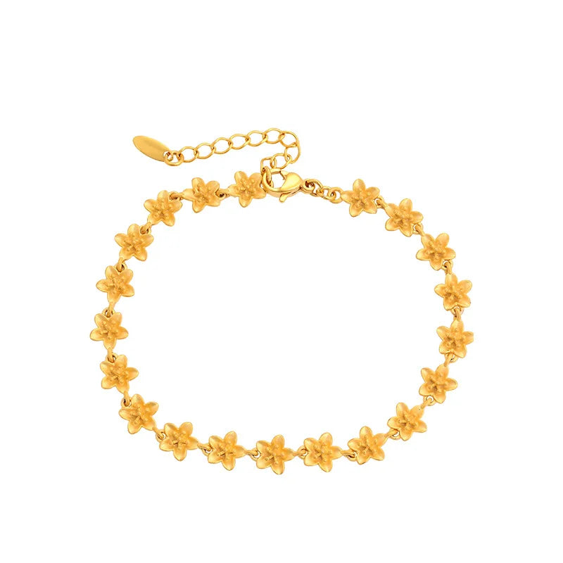 Fashion Brass Alloy 24k Gold Color Flower Charm Chain Bracelet Jewelry for Women