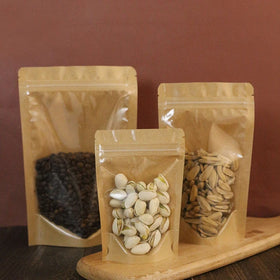 Brown Kraft Paper Doypack Packaging Pouches with Clear Window Ziplock Resealable Heat Sealable for Sugar Storage