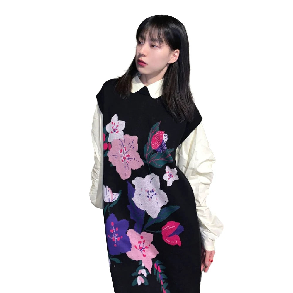Spring Autumn Sweet Knit Set Retro Cherry Blossom Knit Sleeveless Dress and Shirt Set Knitted Two-Pieces Set for Women