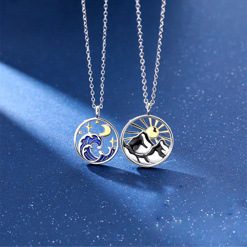 Fine Jewelry Wedding Couple Mountains and Sea Waves Women 925 Sterling Silver Promise Necklace