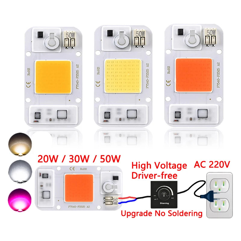 LED COB Chip Driver-Free Solder-Free 20W 30W 50W F7540 Warm/Cool White/Full Spectrum Surface Light Source Dimmable Lamp Beads