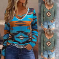 Ready to Ship Wholesale Spring Autumn Western Ladies Long Sleeve Lace up V Neck Aztec Shirts for Women
