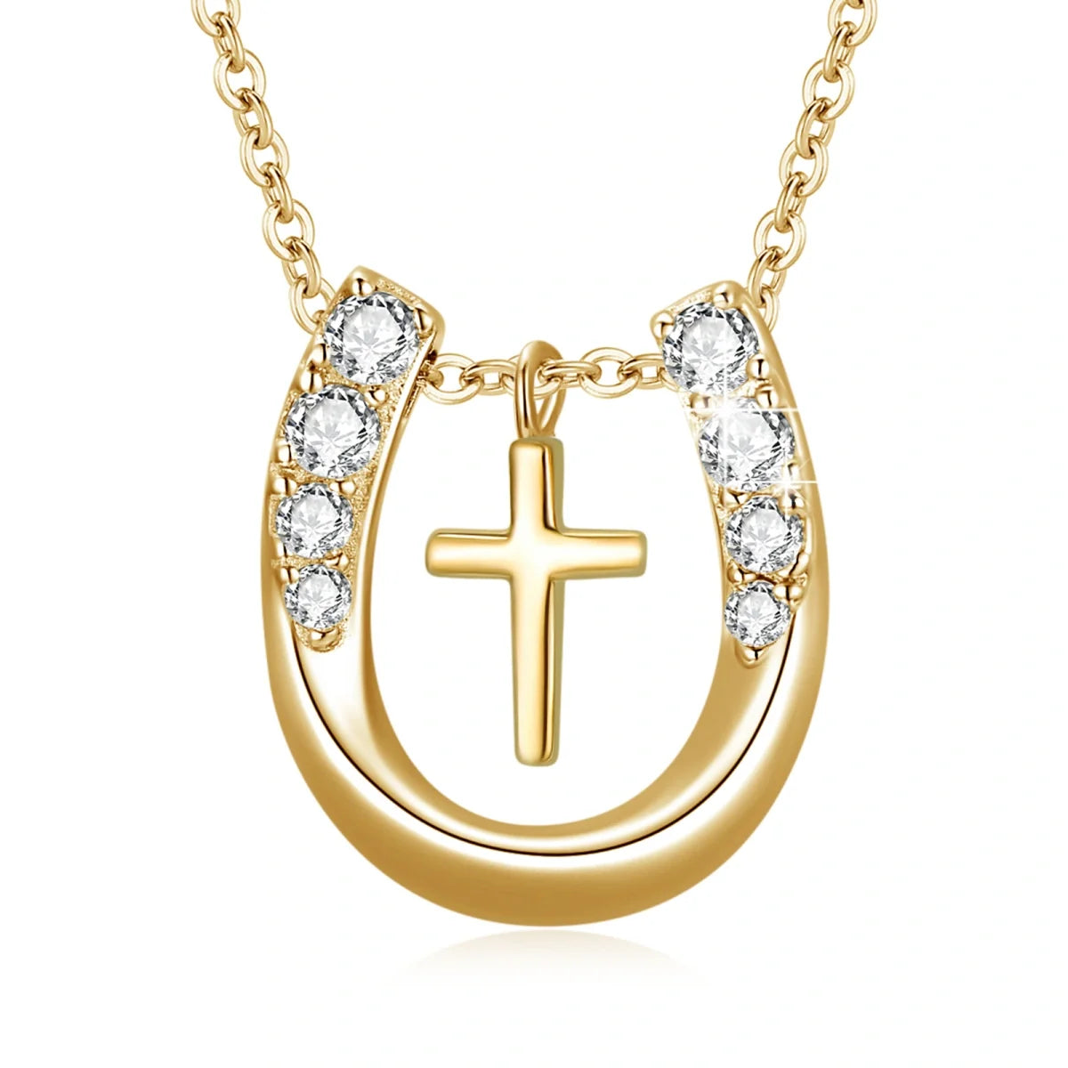 Hot Sale Horse Jewelry 925 Sterling Silver Gold Plated Cubic Zircon Cross Horseshoe Pendant Necklace