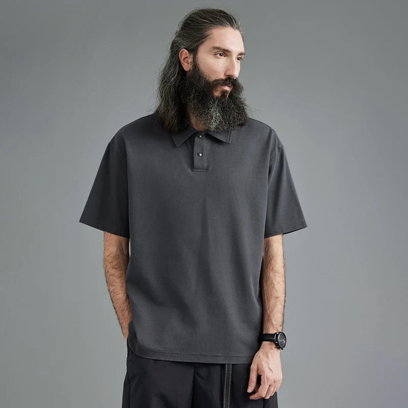 Manufacturer's Retro 215g Men's Polo Shirt Vintage Style V-Neck Collar American Short Sleeve 240 Grams Knitted Ice Streetwear