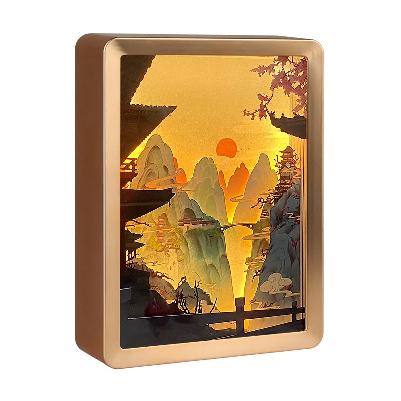 Sunrise Sunset Lamp Mountain Scenery Paper Cut Light Box Plastic Picture Frame Gift Items 3D Night Light for Home Decor