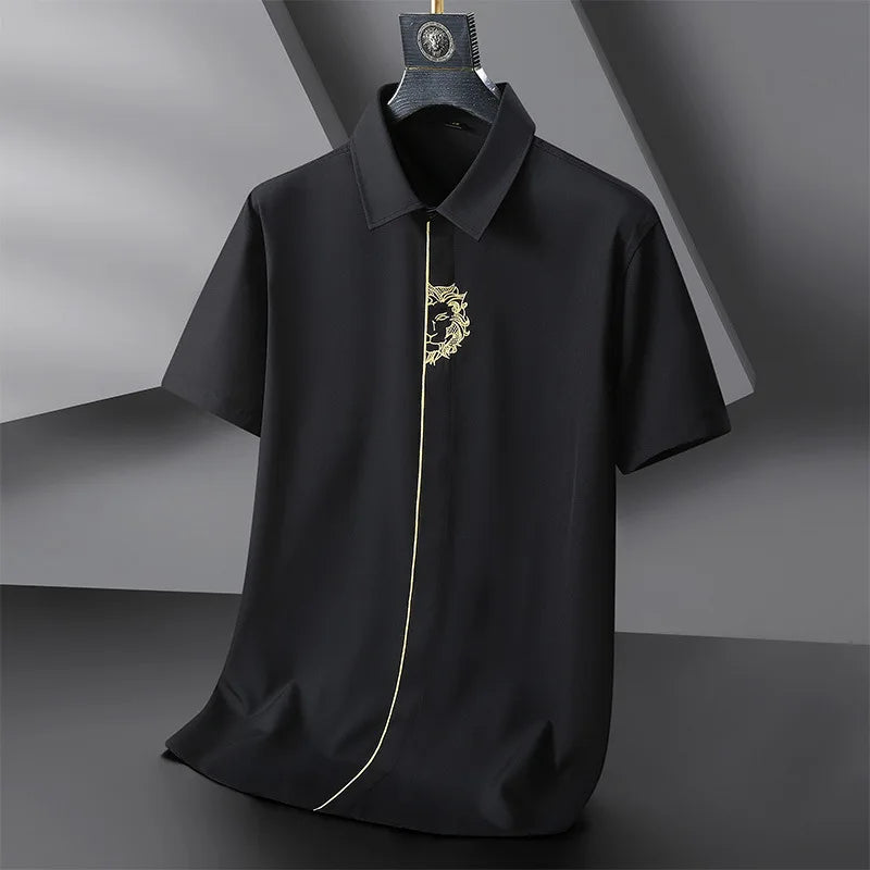 2023 Large Size Short Sleeve Embroidered Shirt Men's Casual Loose Black and White Short Sleeve Shirt