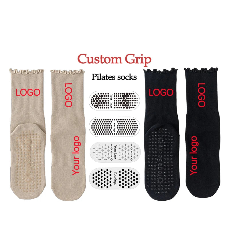 High Quality Custom Knitted Pilates Yoga Socks with Breathable Sweat-Absorbent Crew Bottom Logo on Body Spring Letter Cuff