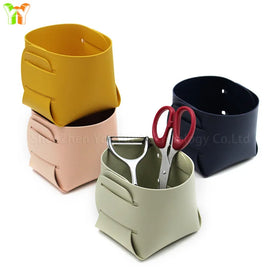 2022 Ins Style PU Leather Pen Holder Office Desktop Pen Holder Organizer Cosmetic Bush Holder Storage Mini Leather Basket