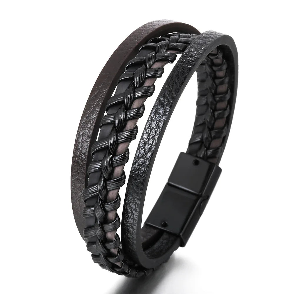 New Arrival Mens Leather Bracelet with Magnetic Clasp Multi-Layer Braided Leather Mens Bracelet for Men