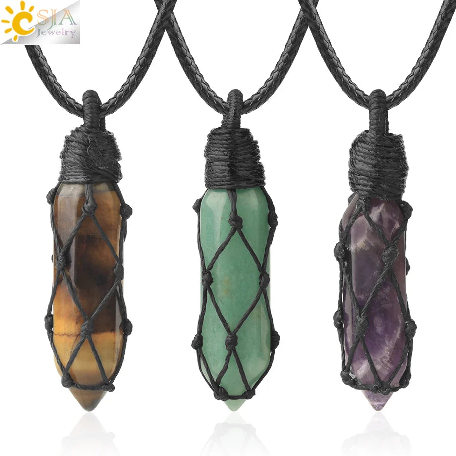 Handmade Natural Stone Rope Wrap Crystal Necklace Quartz Amethyst Tiger Eye Healing Double Point Necklaces Pendants G696