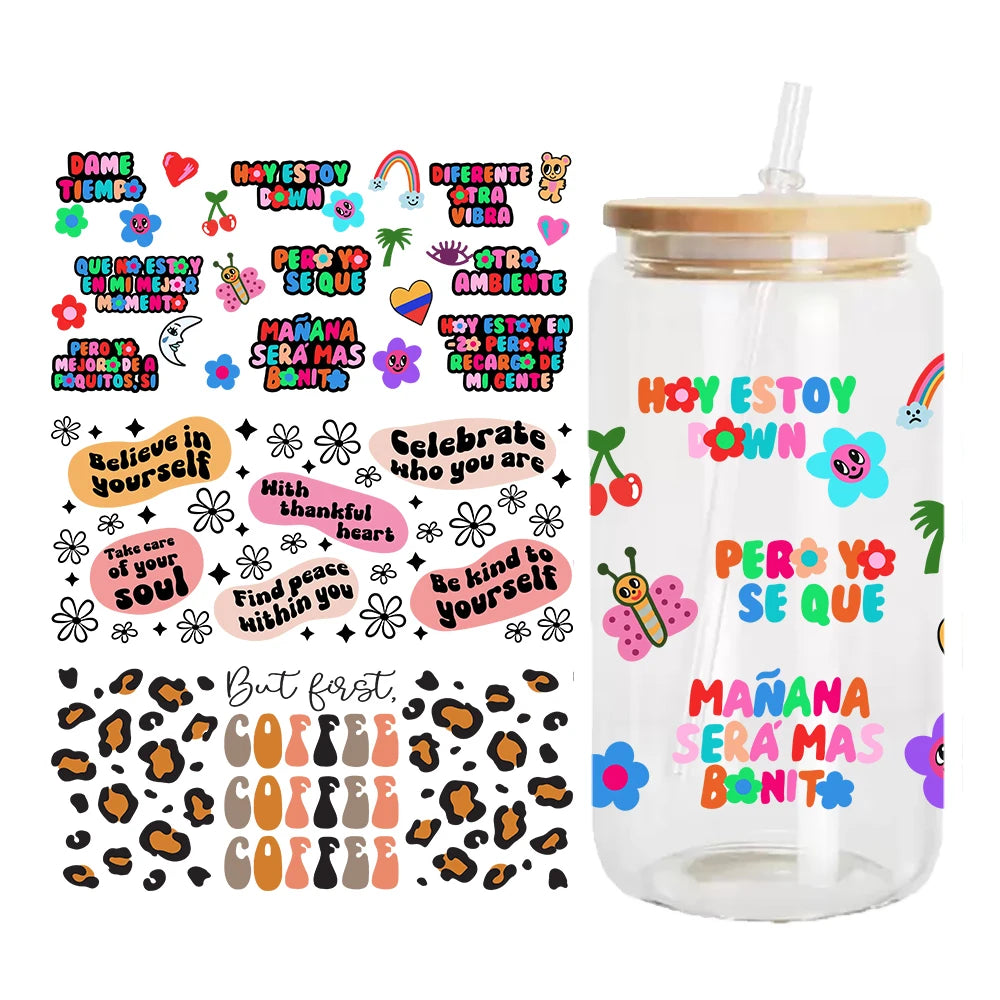 Wholesale 16oz Glass Libby Designs 3D Effect Waterproof No Heat Cans Mugs Uv Transfer Sticker Uv Cups Wraps Deca