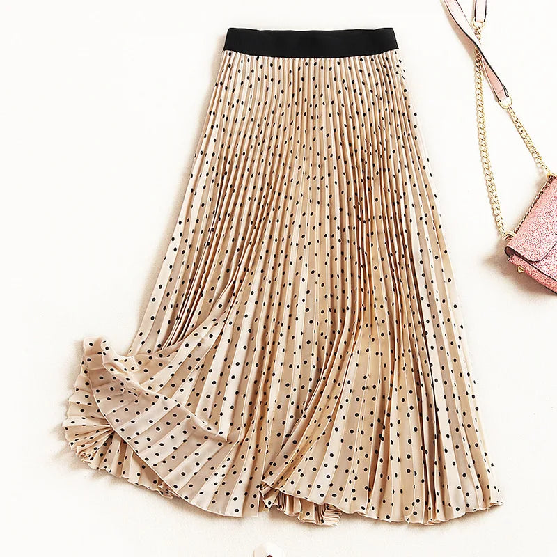 High Quality Women Pleated Skirt Mid Length Polka Dot Pattern Thin Loose Comfortable A-Line Skirt