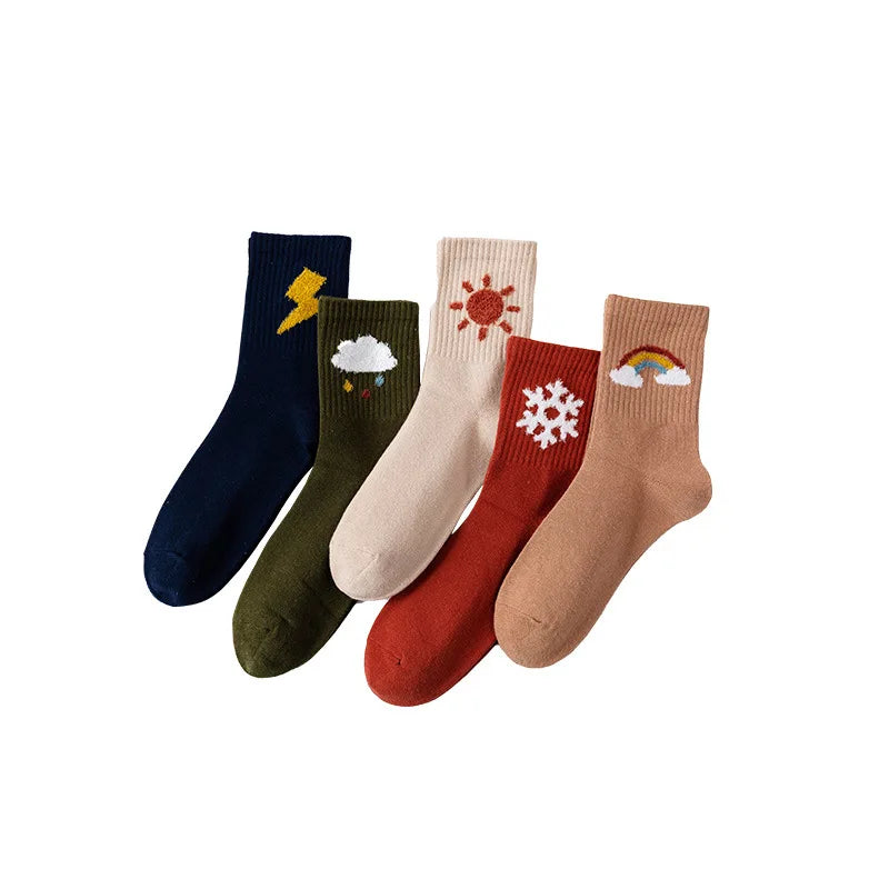 Women's Mid-Tube Cotton Sports Socks Half Side Weather Element Embroidery Cartoon College Style Trend Anti-Slip Velvet Half Side