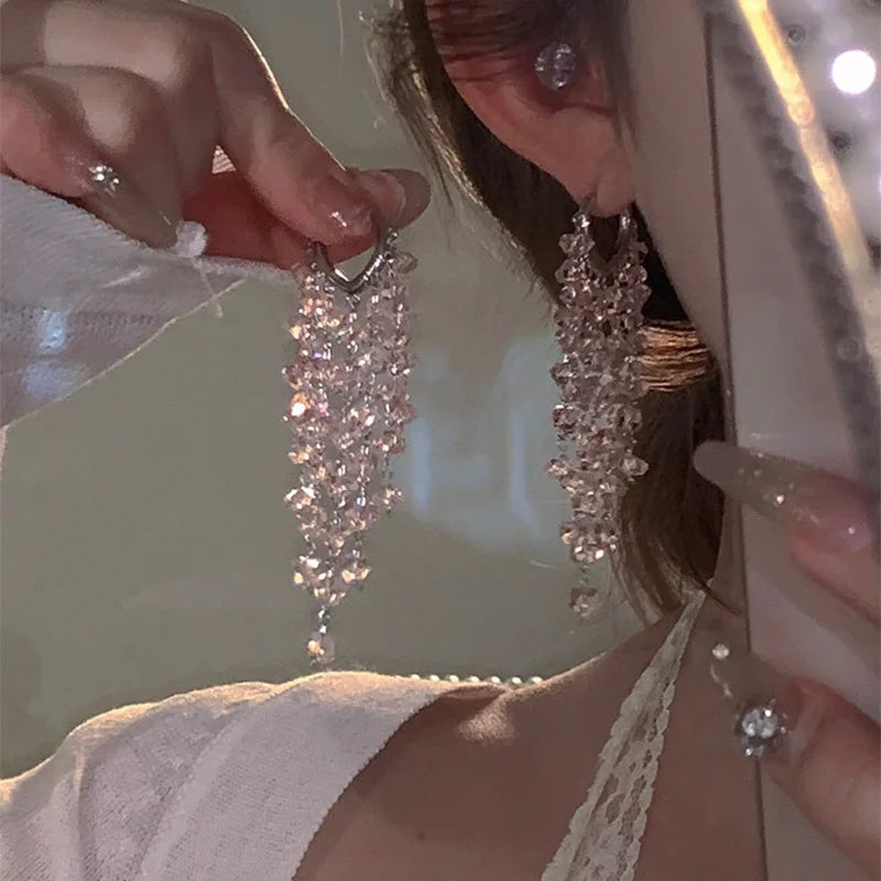 Beautiful Pink Crystal Tassel Earrings for Women Sweet Crystal Long Tassel Dangle Drop Earrings Jewelry Party Gift