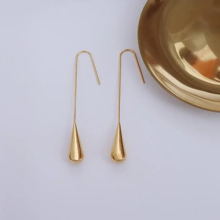 Gold Plated Korean Jewelry Drop Shape Earring Long Drop Stainless Steel Stud Earrings