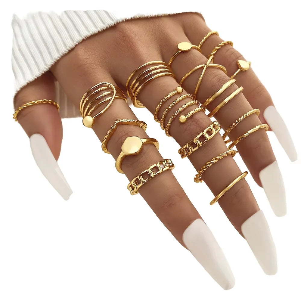 Punk Metal Geometric Ring for Women 2023 Girls Vintage Heart Pearl Ring Set Simple Snake Joint Ring Fashion Jewelry Accessories