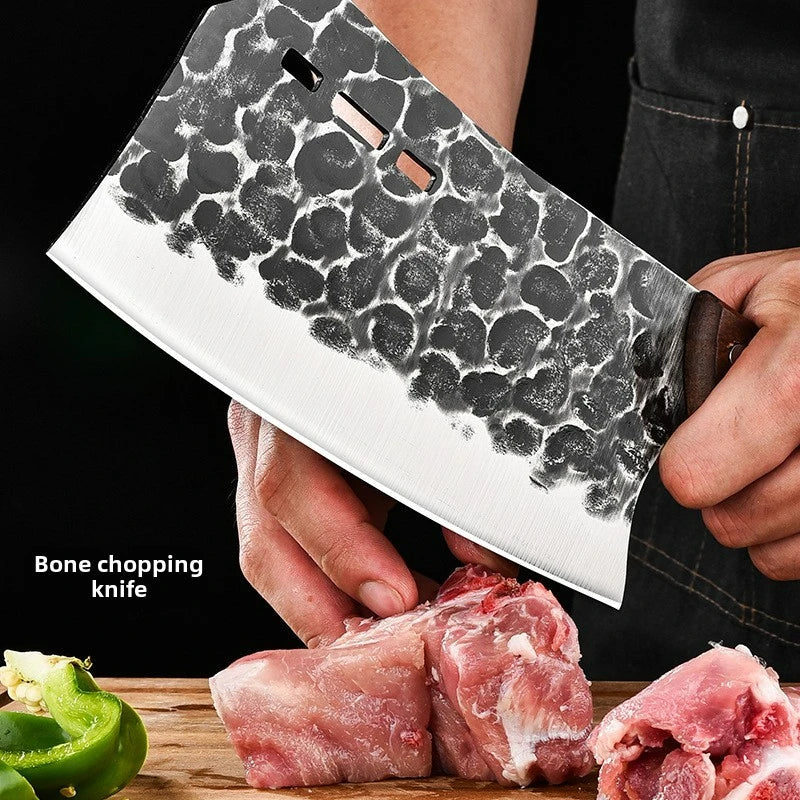 Heavy-Duty Household Chef Steel Forged Kitchen Knife Bone Cutting Tool with Wood Leather Handle for Meat Slicing