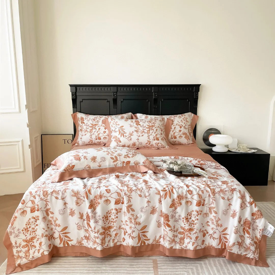 Summer 100% Lyocell Fiber pink Printing Bedding Set Queen Size Flower Flat Bed Sheets Quilt Sets Supplier