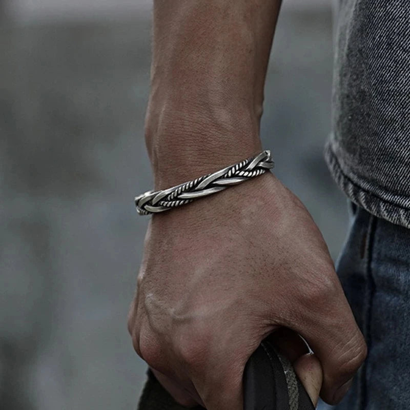 Neutral Silver Plated Twisted Woven Bracelet Punk Jewelry Unique Wristband Bracelet Open Cuff Knot Bangle Bracelet for Men