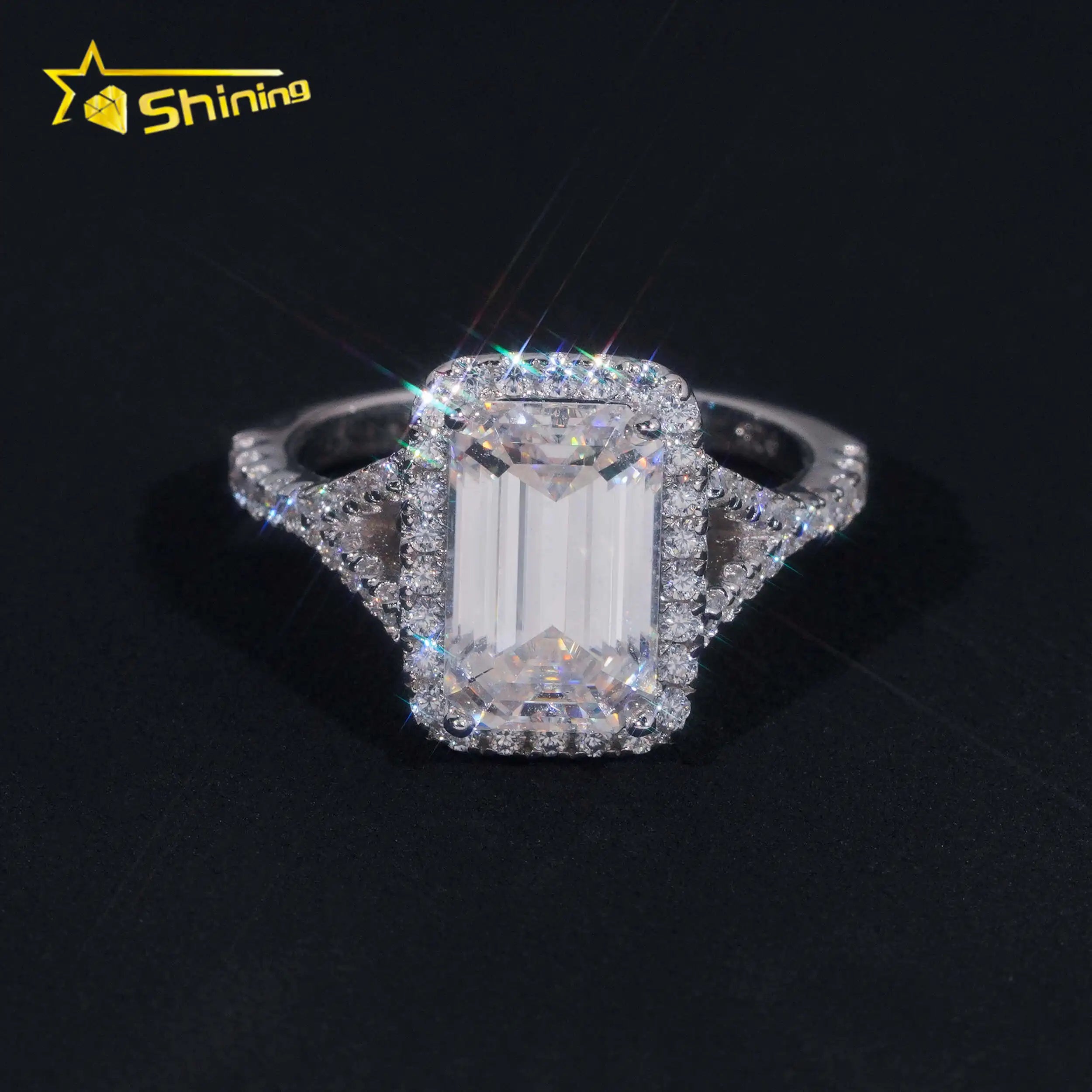 GRA Certificated 925 Sterling Silver Halo Emerald Cut Moissanite Engagement Ring Women Trendy Fine Jewelry Ring