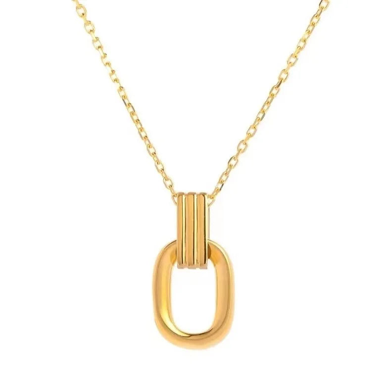 AA016160 Fashion Hollow Rectangle Charm Necklace Women Creative 18k Gold Plated Stainless Steel Geometric Double Ring Pendant Ne