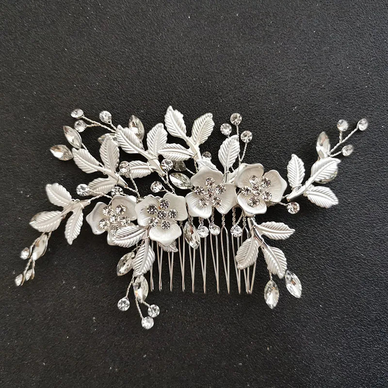 SLBRIDAL Handmade Rhinestone Crystal Flower Leaf Bridal Hair Comb Wedding Headdress Hair Accessories Women Bridesmaids Jewelry
