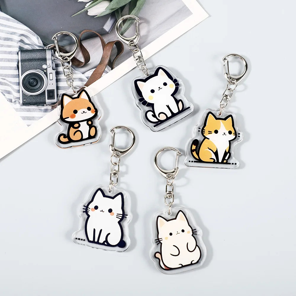 Creative Cute Cartoon Cat Squatting Keychain Pendant Little Black White Cat Keyring Acrylic Bag Pendant for Bag Accessory
