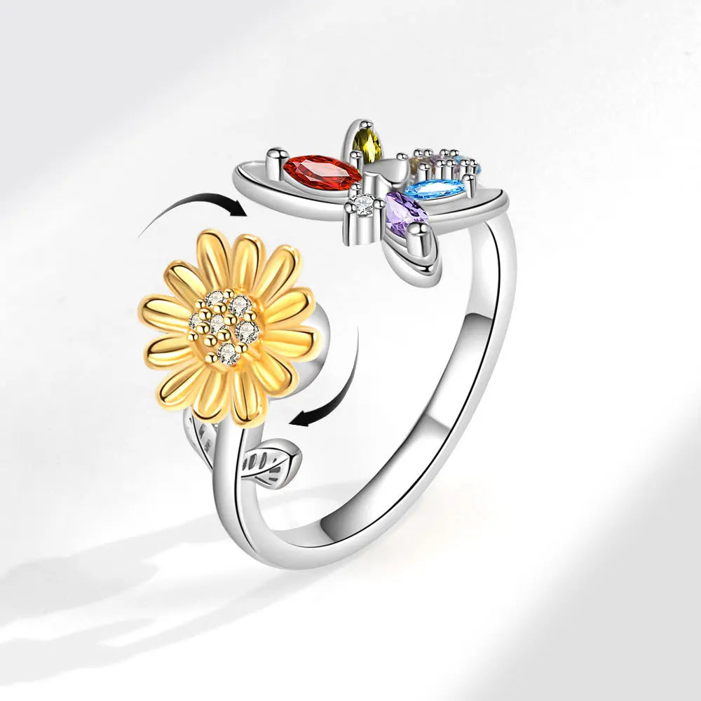 Rotating Sunflower Butterfly Anxiety Stress Relef Fidget Ring Women Spinner Sunflower Open Adjustable Ring Anillos Anti Ansiedad